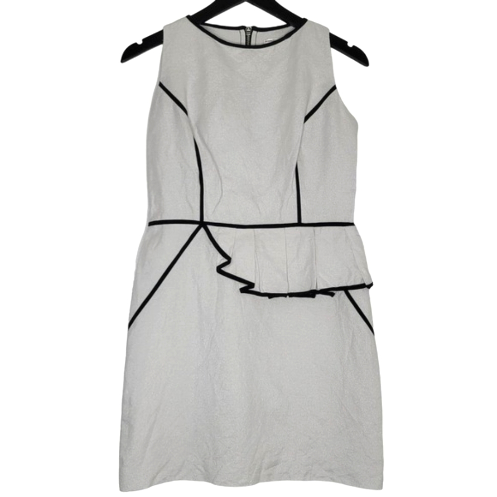 Milly New York Linen Silk Sheath Dress White‎ Black Trim Ruffle Sleeveless 6